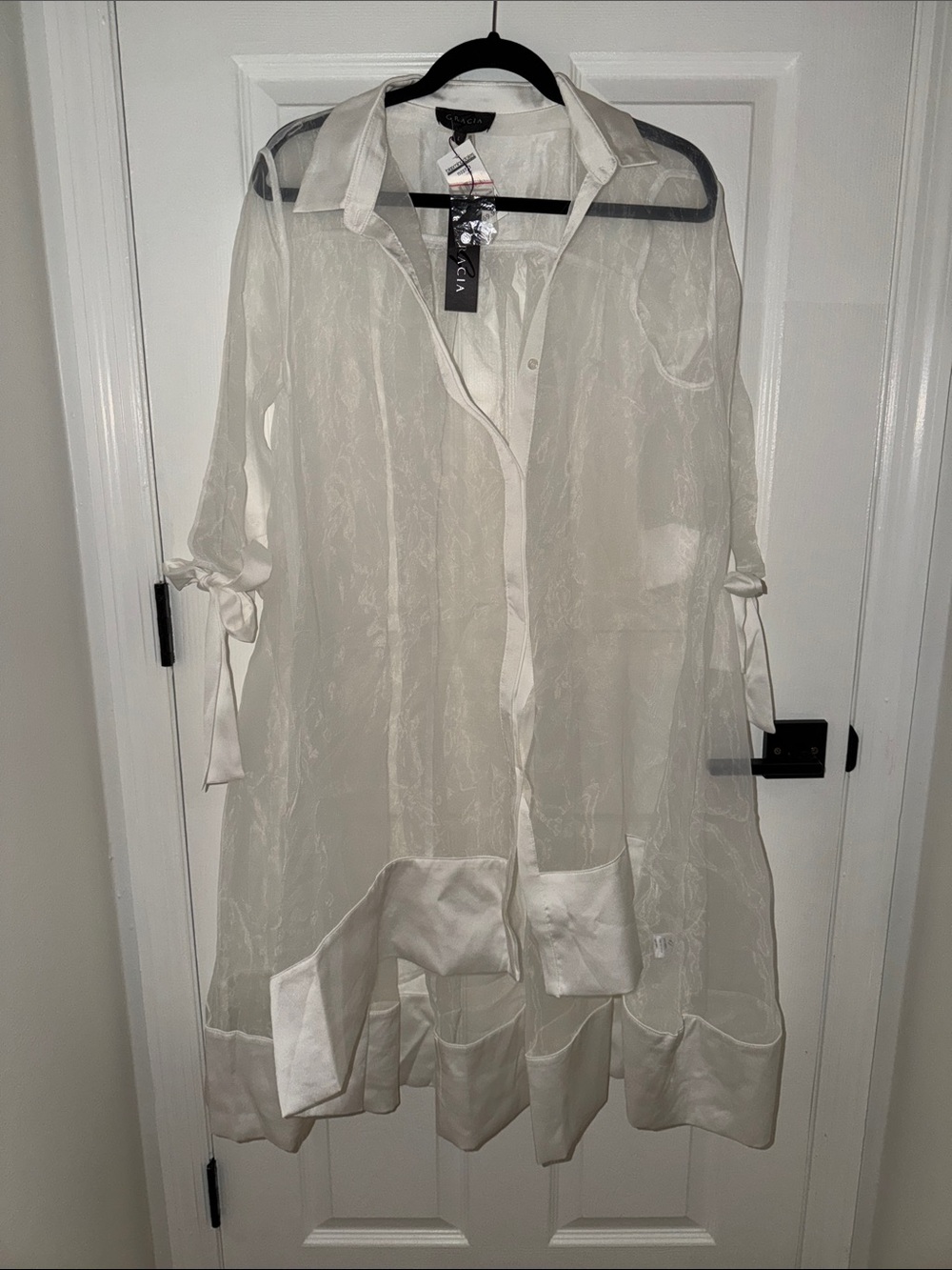 Gracia Sheer Ivory Satin-Trim Front Tunic